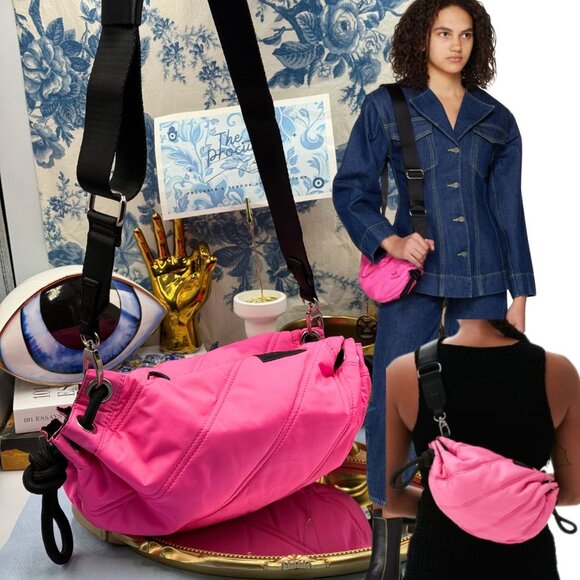 🆕 GANNI 🧿 NWT Small Quilted Drawstring Duffle Bag Crossbody, Neon Pink - Picture 1 of 13
